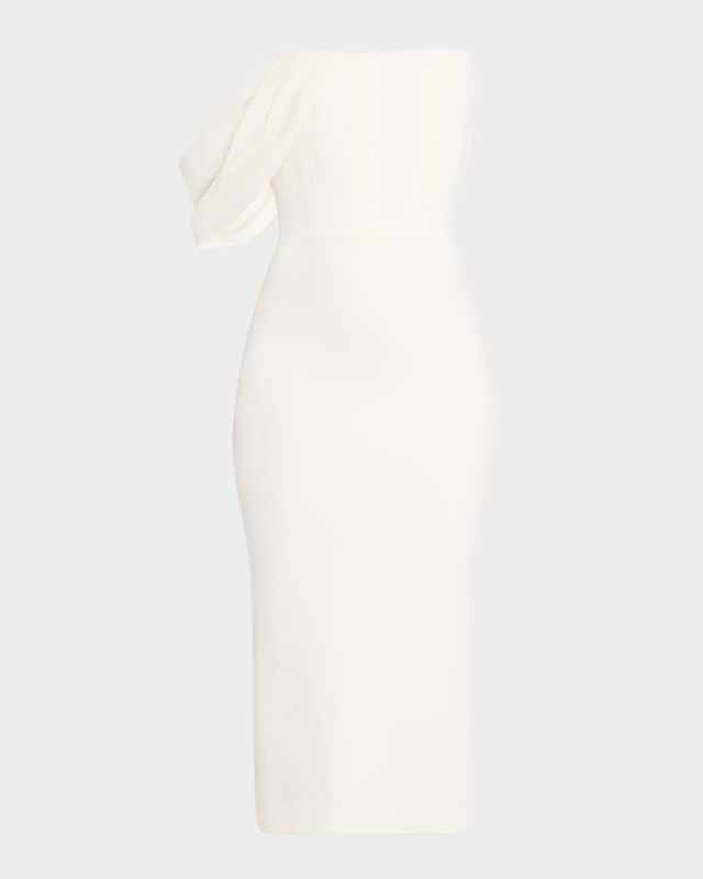 Draped-Sleeve Corset Crepe Midi Dress